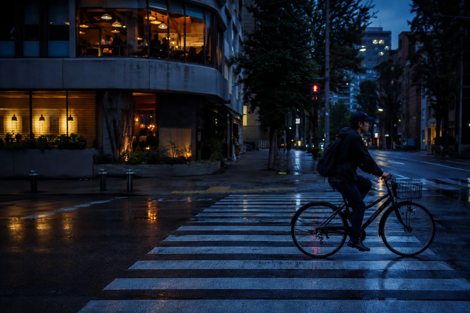 雨上がりの交差点を走る自転車。青い夕暮れと暖かな街明かりの撮影イメージ